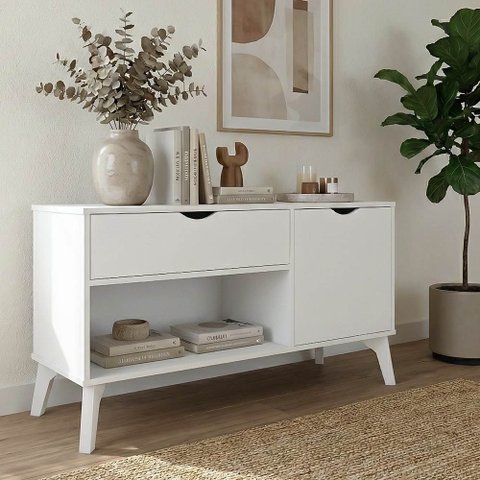 Aparador London com 1 Gaveta 1 Porta e Nicho para Hall Sala Cantinho Café Design Retrô - Branco