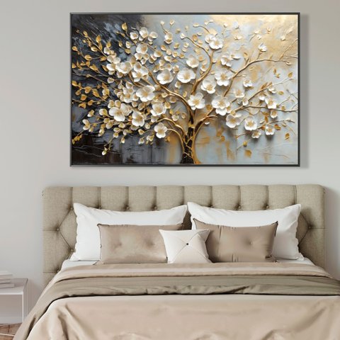 Quadro Decorativo Árvore da Vida Flores Brancas Dourado Sala Quarto Casa Escritório