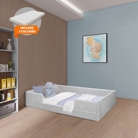 Cama Infantil Montessoriana com Colchão Luana em Madeira Maciça com Revestimento em Tecido Cinza