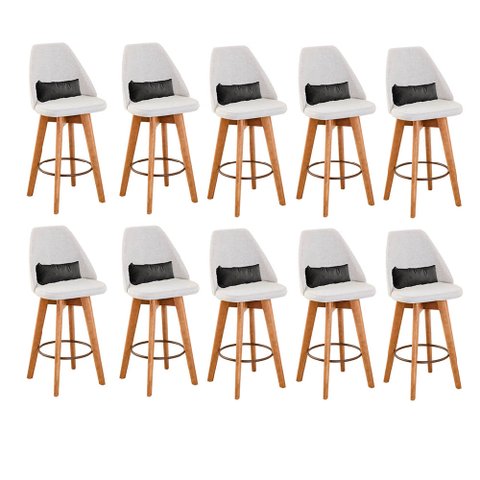 Kit 10 Banquetas Alta Maya Giratória Com Encosto Linho Bege Claro e Almofada Suede Cinza - Gat