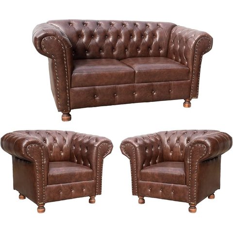 Conjunto Chesterfield 1 Namoradeira 160cm + 2 Poltronas Luiz Xv Corano Marrom