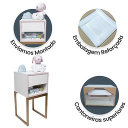 Mesa de Cabeceira Branca 30cm Eco Quarto Infantil Menina Rosa Base Metal Dourada - 5
