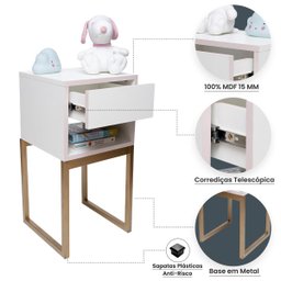 Mesa de Cabeceira Branca 30cm Eco Quarto Infantil Menina Rosa Base Metal Dourada - 4