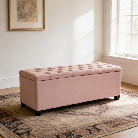 Puf Baú Estofado Casal Tamanho de 140x40x45cm Rosa - Tecido em Veludo Suede Liso - Alta Qualidade