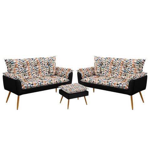 Kit 2 Poltronas Namoradeira Opala com Puff Lunar Suede Estampado Laranja com Preto Aradecor