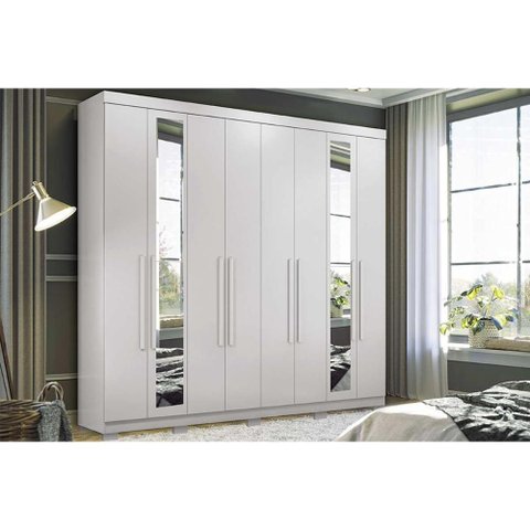 Guarda Roupa 8 Portas (2 C/ Espelho) e 4 Gavetas C/ Pés Master New 8.4 Branco - Santos Andirá