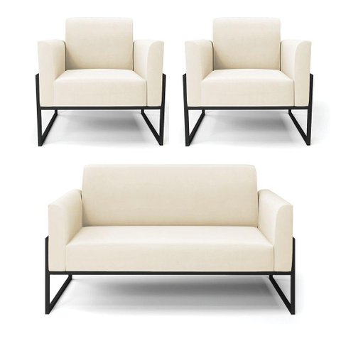 Sofá Namoradeira com 2 Poltronas Base Industrial Alta Preto Marisa Veludo D03 - D\'rossi Cor Bege