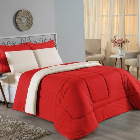 Kit Edredom Dupla Face + Jogo de Lençol Casal Viúva Nobre 7 Peças Malha 100% Algodão - Vermelho