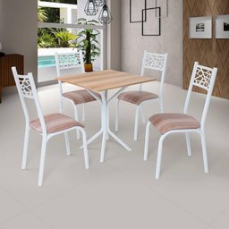 Mesa Quadrada 68x68 com 4 Cadeiras em Aço Branco Carvalho com Estofado Capuccino Jade Ciplafe - 1