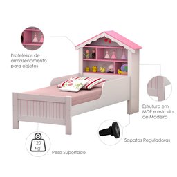 Cama Solteiro Montessori Princesa Meninas Grade Proteção Quarto Infantil Prateleiras Cor Branco/rosa - 3