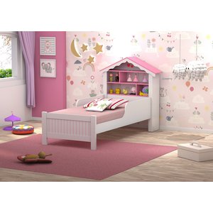 Cama Solteiro Montessori Princesa Meninas Grade Proteção Quarto Infantil Prateleiras Cor Branco/rosa