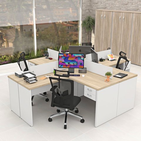 Conjunto Escrivaninha Mesa de Canto em L Ilha 4 Lugares Office Carvalho e Branco Bege