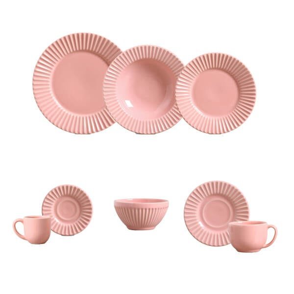 Aparelho de Jantar Plisse Rosa 42 Peças + 6 Bowls Porto Brasil - 1