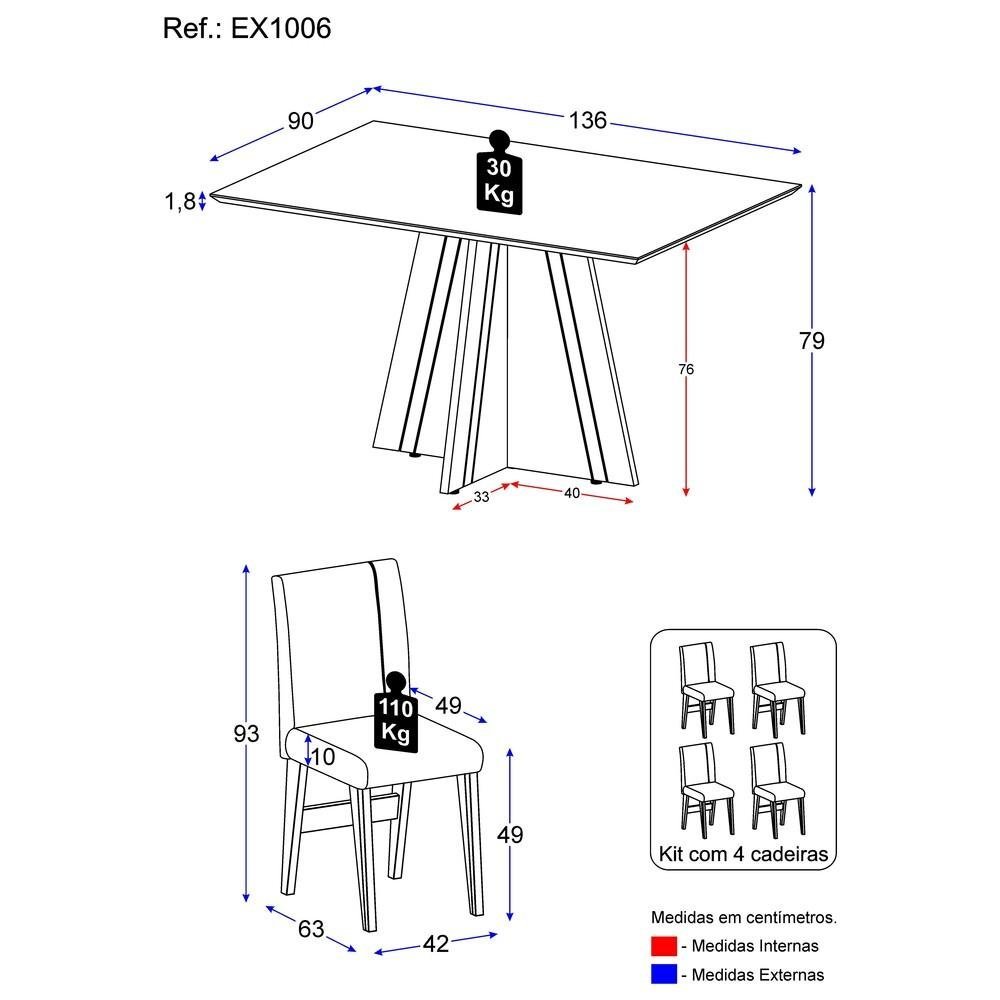 Conjunto Mesa de Jantar 136 cm com 4 cadeiras Denver Multimóveis EX1006 ...