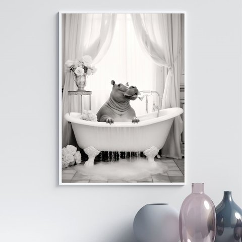 Quadro para Banheiro Hipopótamo no Banho 24x18cm - com Vidro:moldura Branca