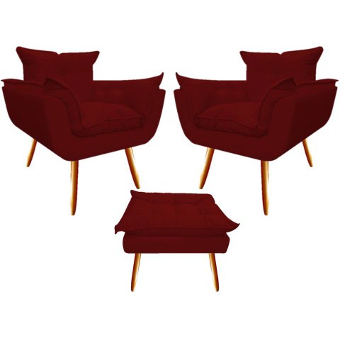 Kit 2 Poltronas + Puff Decorativo Opala Suede Marsala Pés Madeira Mz Decor
