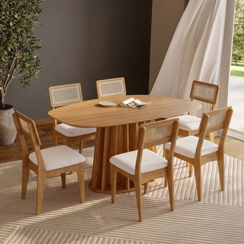 Conjunto Sala de Jantar Mesa Orgânica Ripada 160cm com 6 Cadeiras MDF Palha Sintética Freijó/Bouclé 