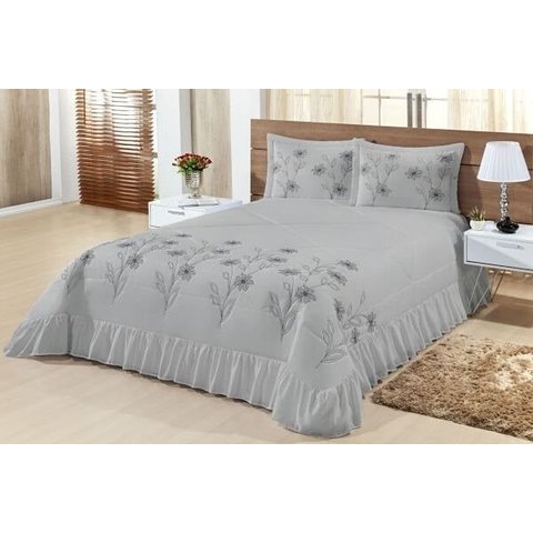 Cobre Leito Casal Padrão Lírio 03 Peças Colcha - Cinza