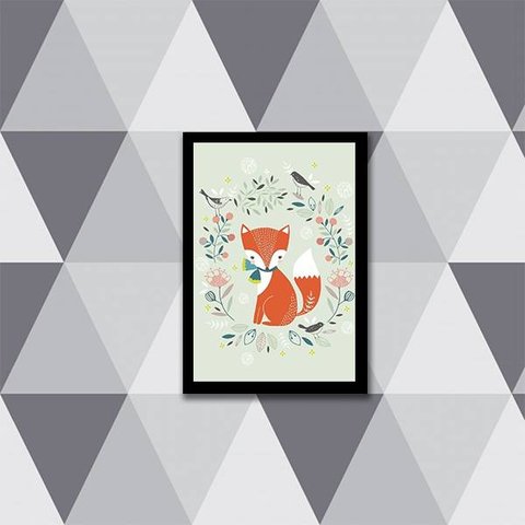 Quadro Ilustração Infantil Raposinha 33x24cm - com vidro:Madeira branca
