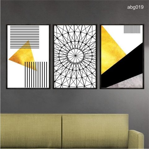 Kit 03 Quadros Decorativos Moderno Abstrato Geometrico Dourado Preto Abg019 Tela Canvas 60x80cm Cada