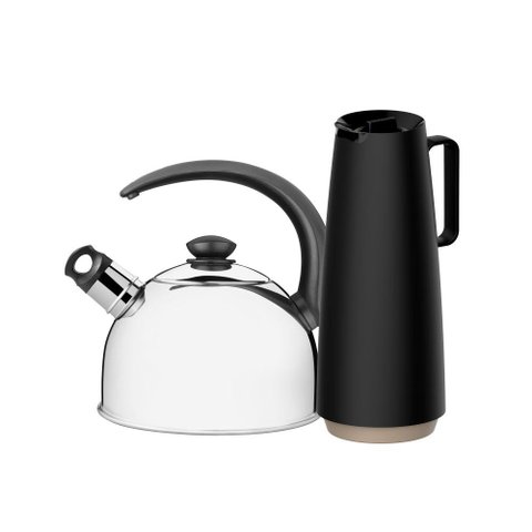 Chaleira em Aço Inox com Apito 2,1l e Bule Garrafa Térmica 1l Preto Tramontina