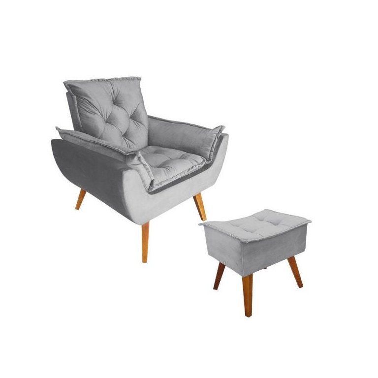 Poltrona com Puff Opala Decorativo Veludo Cinza Amamentação e Descanso - D'rost