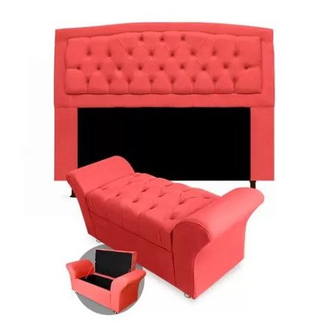 Kit Cabeceira Geovana e Calçadeira Veneza Casal 140cm Suede Topázio Decor:vermelho