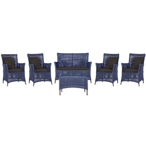 Jogo Sofá 4 Poltronas e Mesa Igapó Marrom E9 Trama Original Azul