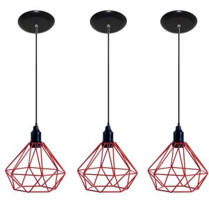 Kit com 03 Luminárias Pendente Aramado Modelo Diamante - Vermelho