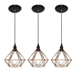 Kit com 03 Luminárias Pendente Aramado Modelo Diamante - Cobre - 1