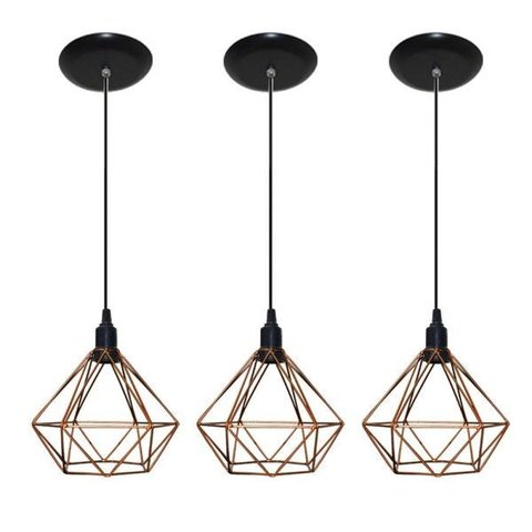 Kit com 03 Luminárias Pendente Aramado Modelo Diamante - Cobre