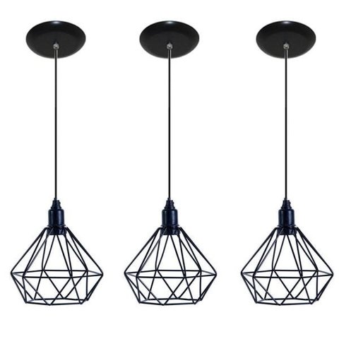 Kit com 3 Luminárias Pendente Aramado Modelo Diamante - Preto