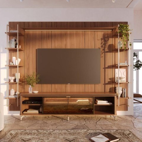 Estante para TV Home Theater 85" 100% MDF 291cm Vidro Reflecta com LED 10 Prateleiras Canella