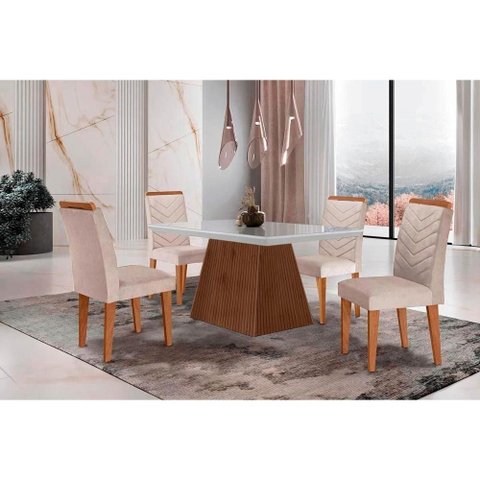 Sala de Jantar Completa Luna C/ Tampo Madeirado C/ Vidro Canto Curvo 120x80cm e 4 Cadeiras Londrina