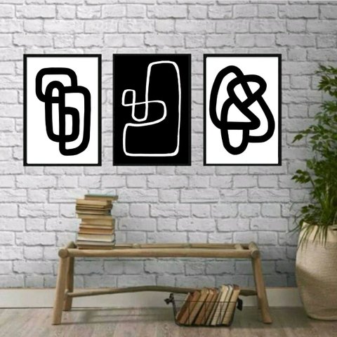Kit 3 Quadros Decoração Minimalista Preto e branco 45x34cm - com Vidro:madeira Branca