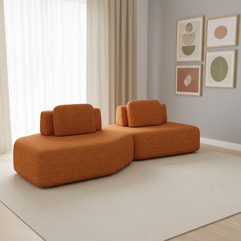 Sofá 2 Lugares Orgânico com Chaise e 1 Módulo Central Berlim Bouclê Caramelo K01 - D’Rossi