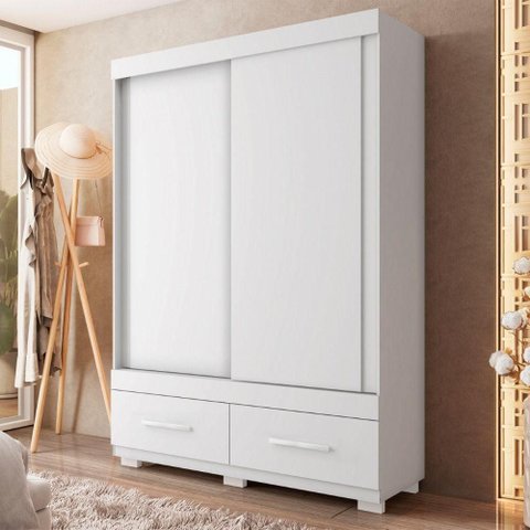 Guarda Roupa Solteiro Sereno 2 Portas de Correr 2 Gavetas MDP Branco Caemmun Móveis 136cm