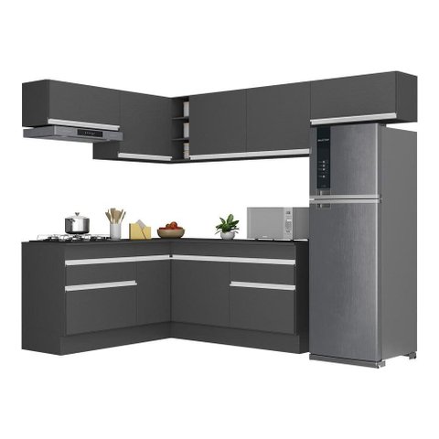 Armário de Cozinha Completa de Canto com Rodapé Veneza Multimóveis V2104 Preto/branco