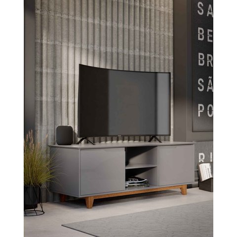 Rack Bancada Flow para Tv 146 Cm 2 Portas com Pés de Madeira Cinza - Rede Móveis