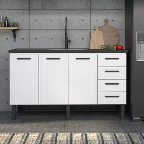 Armário de Cozinha 144cm 100% Aço 3 Porta e 4 Gavetas Balcão:Branco