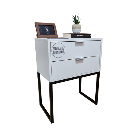 Mesa de Cabeceira Branca 50cm 2 Gavetas Mdf Quarto Cama Eco - Base Preta - Puxador Prata - (montado)