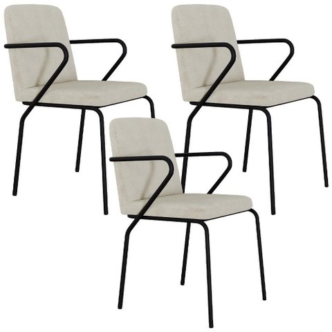 Kit 03 Cadeiras Estofada para Sala de Jantar com Braço Loft Preto C01 Bouclê Vanilla - Lyam Decor