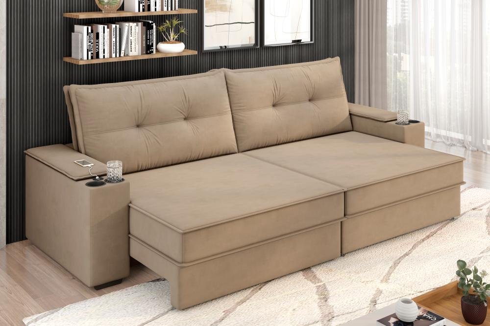 Sofá Hannover Premium 2,10m Assento Retrátil/Reclinável Suede Capuccino