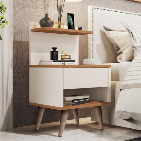 Mesa de Cabeceira para Quarto com 1 Gaveta e Pés Retrô Sleep - Off com Nature