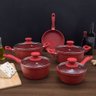 Jogo de Panelas Vermelhas Acabamento Granito  Antiaderente Interno e Externo - 5 Peças com Fundo - 1