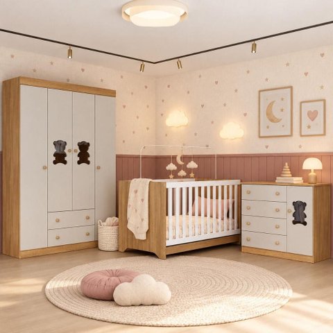 Quarto de Bebê Completo com Berço Americano 3 em 1 Flor Multimóveis MP4924 Madeirado/Off White
