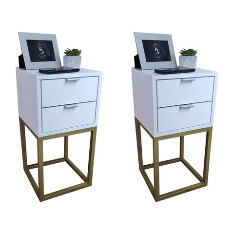 Kit 2 Mesas Cabeceira Industrial 30cm Branco 2 Gavetas Base Metal Dourado Lateral Cama