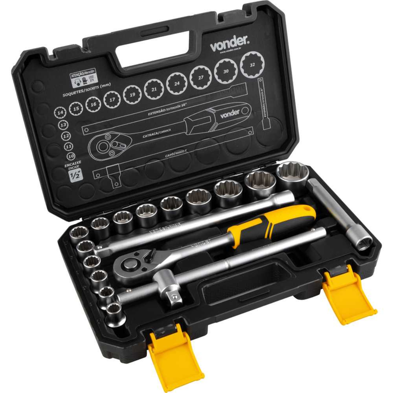 Jogo de Soquetes Estriados Encaixe 1/2" 10 Mm a 32 Mm com 18 Peças Vonder Jogo de Soquetes Estriados Encaixe 1/2" 10 Mm a 32 Mm com 18 Peças Vonder