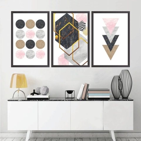 Quadro Decorativo 135x64cm Abstrato Geométrico Rose Moderno