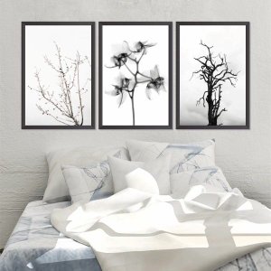 Quadro Decorativo 135x64cm Galhos Flores Preto E Branco Sala